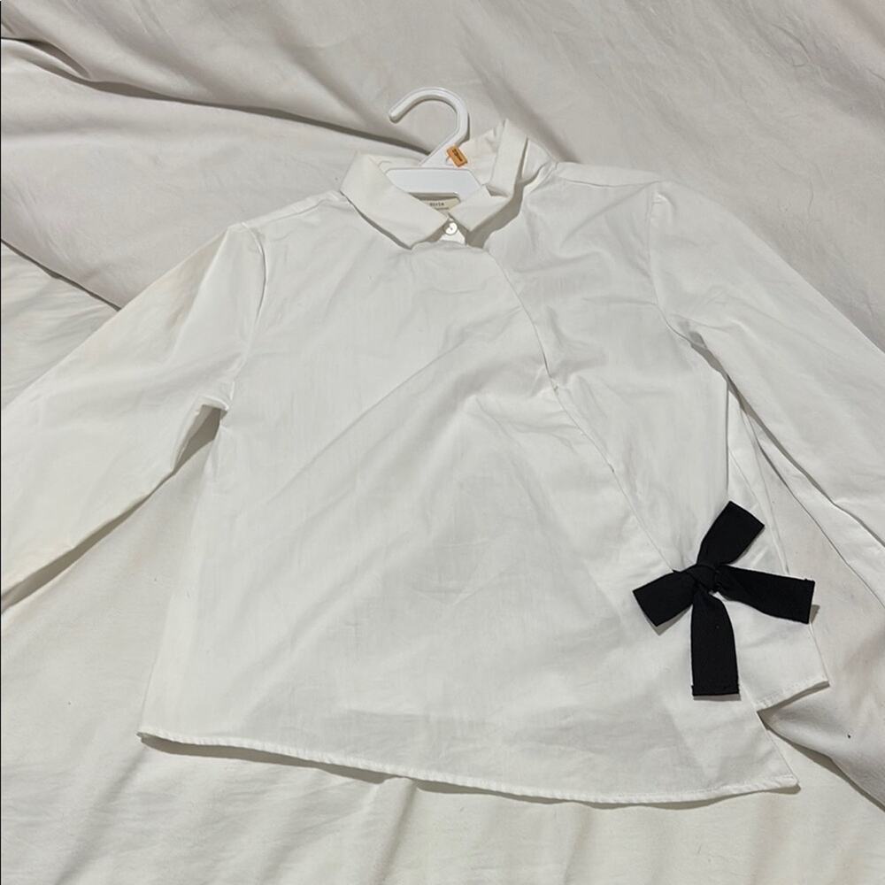 Zara 7 Kids White asymmetrical long sleeve Shirt with Black Bow nwot